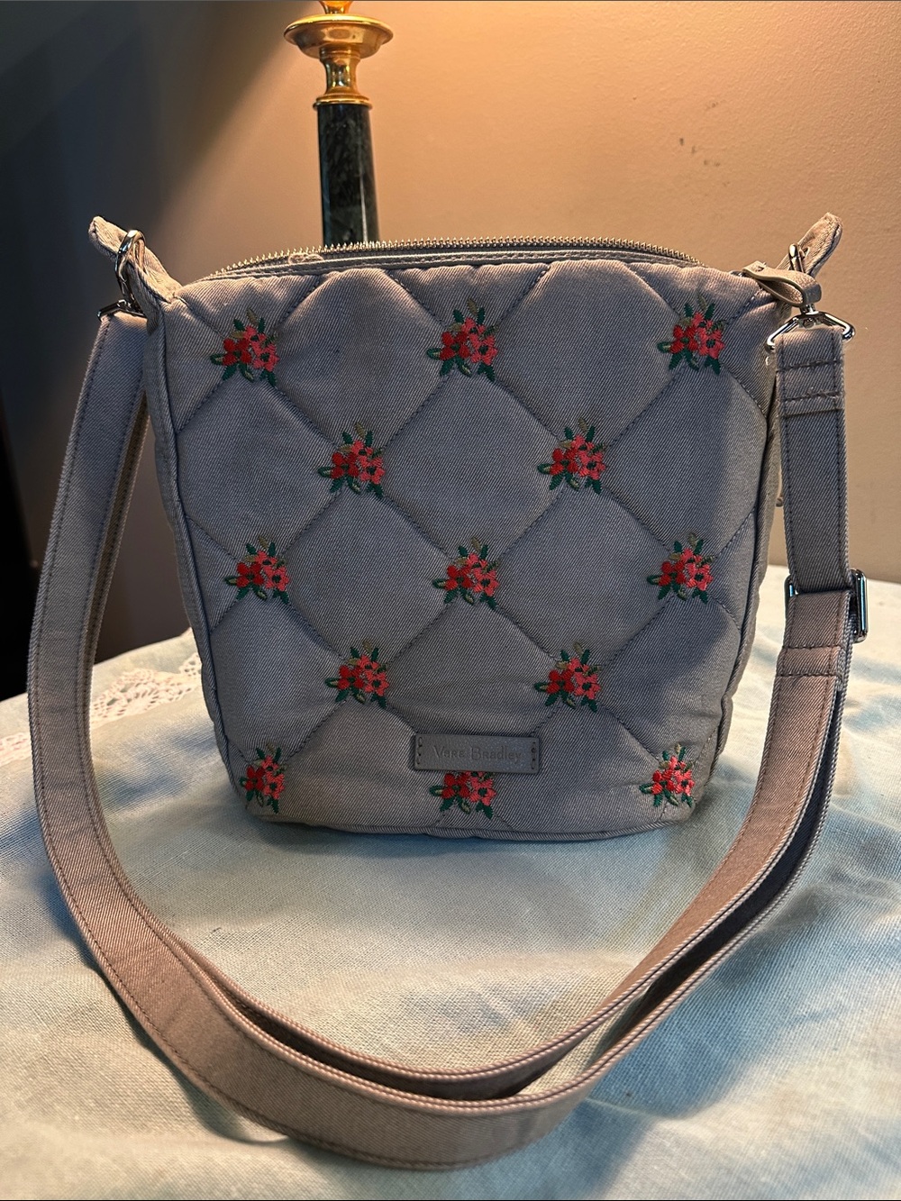 Vera Bradley Quilted Crossbody Bag in Light Gray with Floral Embroidery